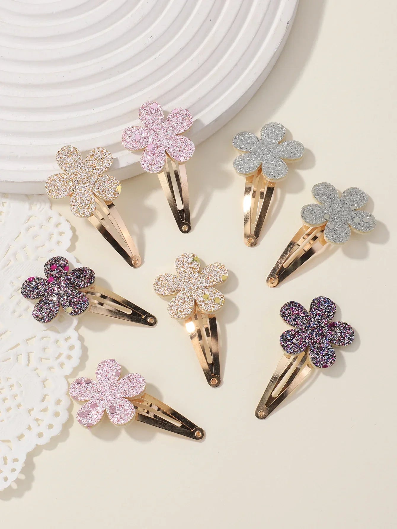 Hemasa 8Pcs Fashion Glitter Rainbow Flower Rabbit  Handmade Hairpins For Cute Girls Hair Clips Barrettes Headwear Hair Accessories