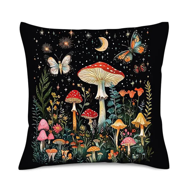 Hemasa Home Decor Enchanted Night Mushroom & Butterfly Pillow Pattern Cushion Cover Suitable For Sofa Bedroom Car Pillow Cover