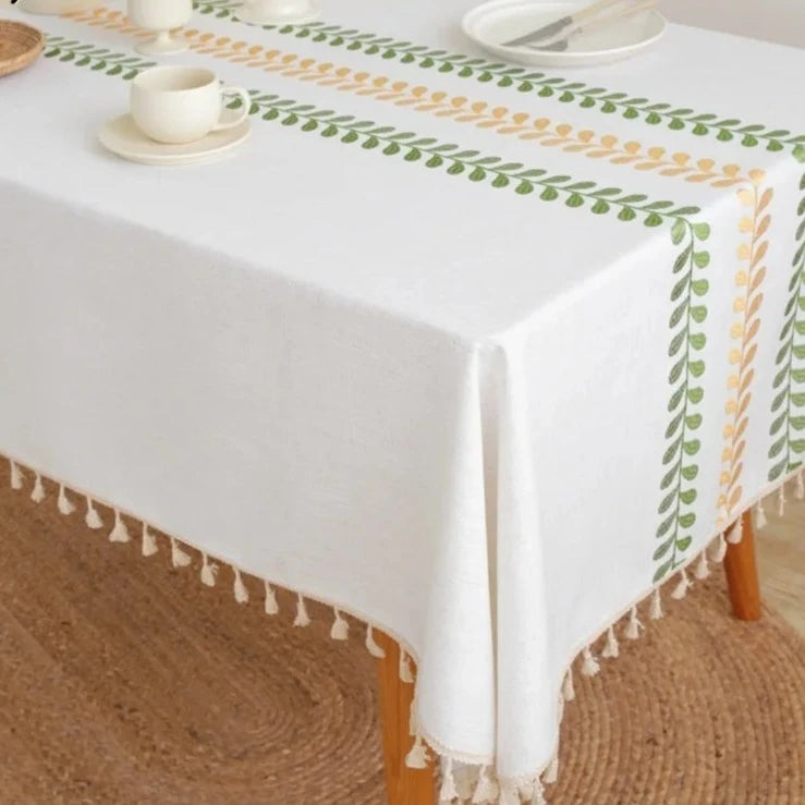 Hemasa Cotton Linen Green leaf embroidery with Tassel Rectangular Table Cloth