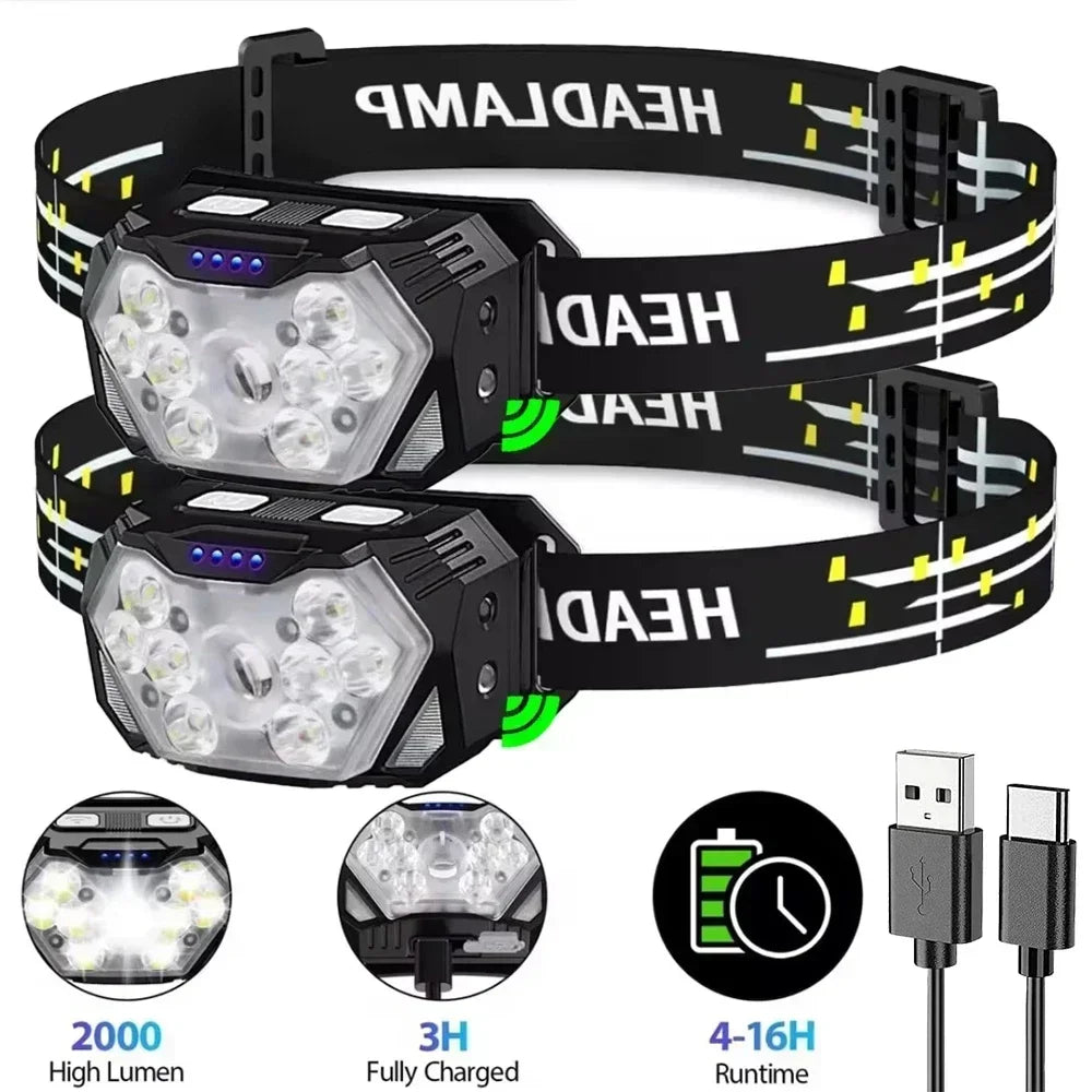 Hemasa USB Rechageable Motion Sensor Headlight 9 Led Strong Light Headlamp Portable Fishing Camping Outdoor Head Lamp Work Flashlight