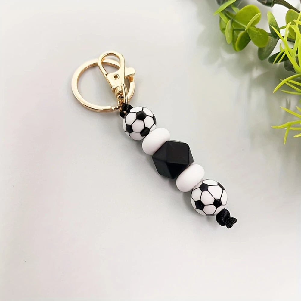 LOFCA Basketball Football Silicone Beaded Keychain Handmade Wood Beads Keychain Charm Backpack  Pendant  Accessories Keyring