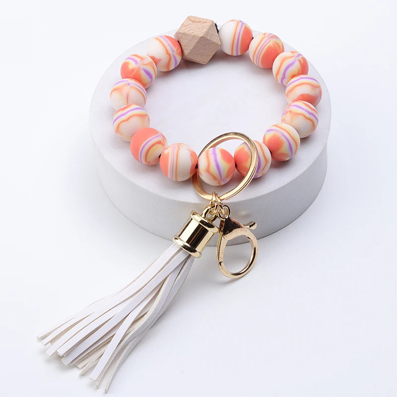 Hemasa  Silicone Bead Bracelet Tassel Keychain Colorful Stripes  Bead  Bag Key Pendant Gifts