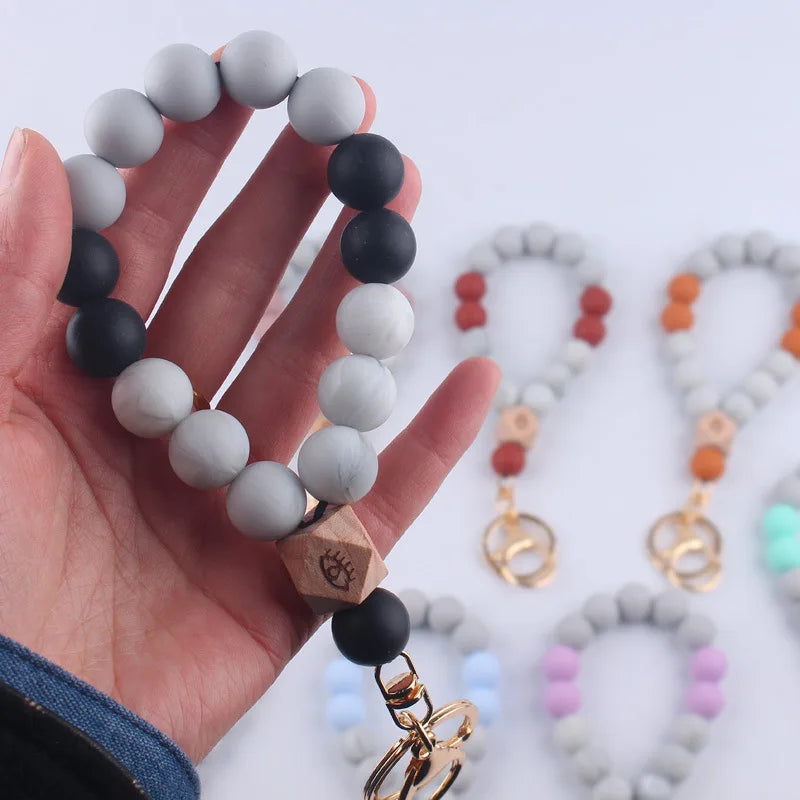 Hemasa  8Color Silicone Wooden Beaded Keychain Women Bracelet Pendant Keyring For Alloy Ring Key Chain