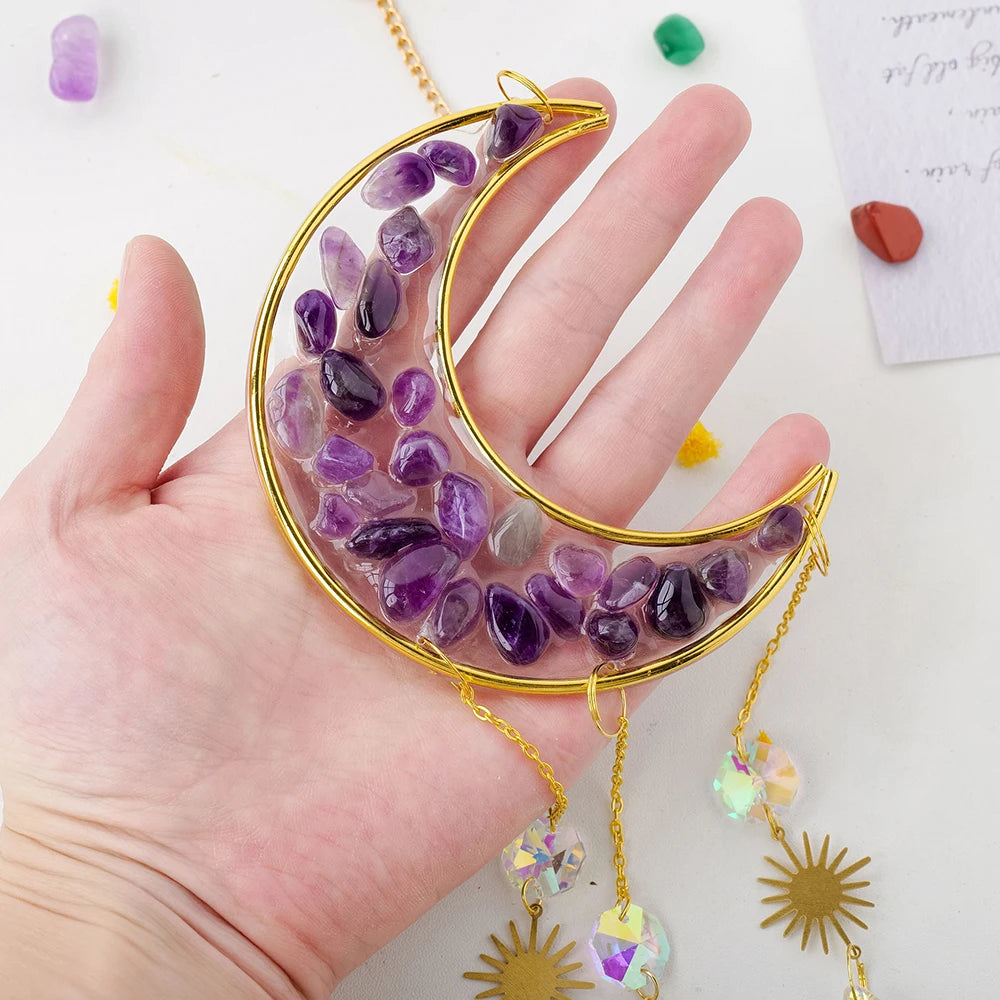 1pc Natural Crystal Gravels Moon Sun Catcher Wind Chime  Energy Quartz Crystal Crafts Christmas Home Decoration Gifts