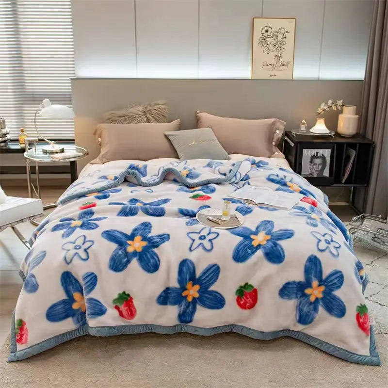 Hemasa Winter Mink Blankets For Beds Soft Warm Double Layer( 150*200Cm)  Cartoon Floral Pattern Faux Fur Thick Plaid Blankets