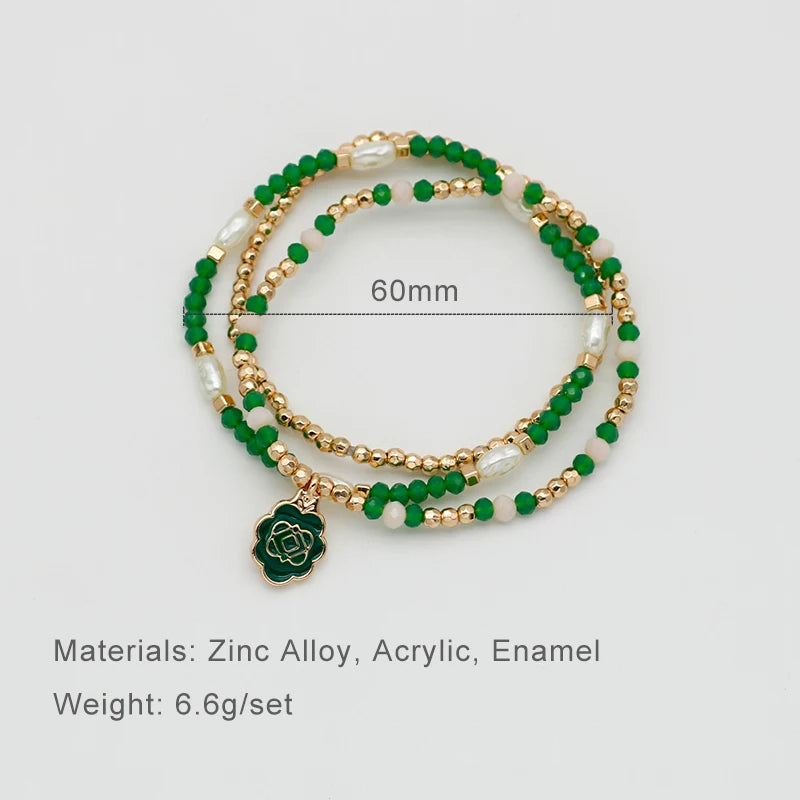 Green Beads Bracelets Set For Women Three Elastic Enamel Charm Fashion Item Cream Mixed Imitation Pearl Jewelry Party Gift C1075
