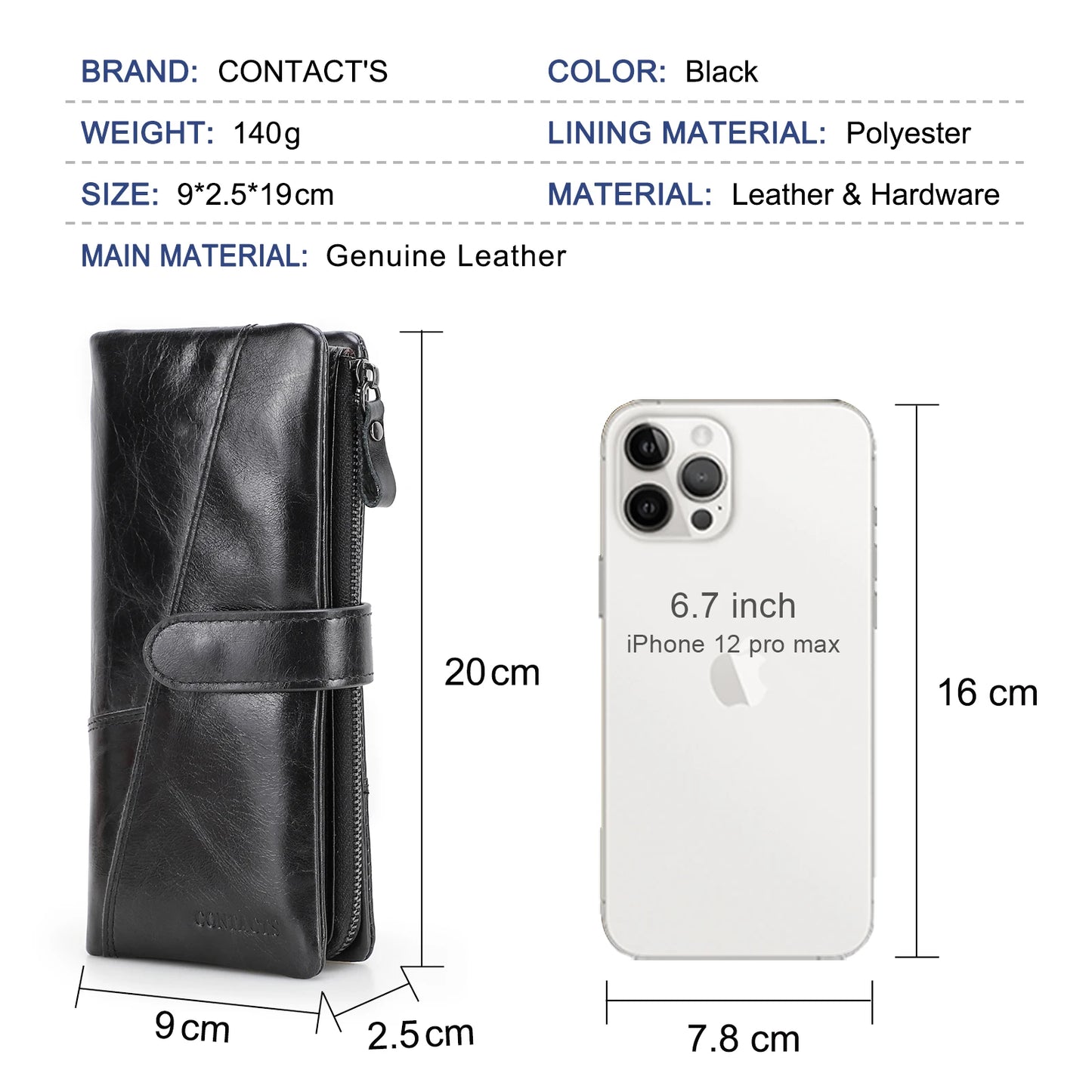 CONTACT'S Genuine Leather Men's Long Wallet With Phone Bag Zipper Coin Pocket Purse Male Clutch Wallets For Men Portfel Small