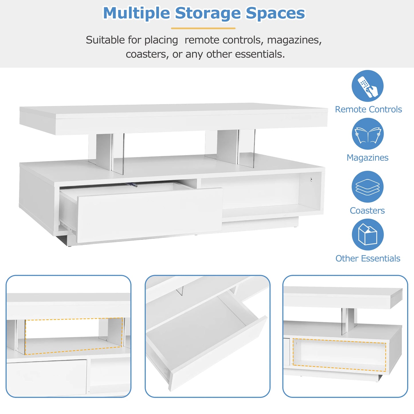 Led Coffee Table with 2 Drawer Storage, High Gloss Coffee Table Centre Table 16-Color Led Lights,End Table for Home Office