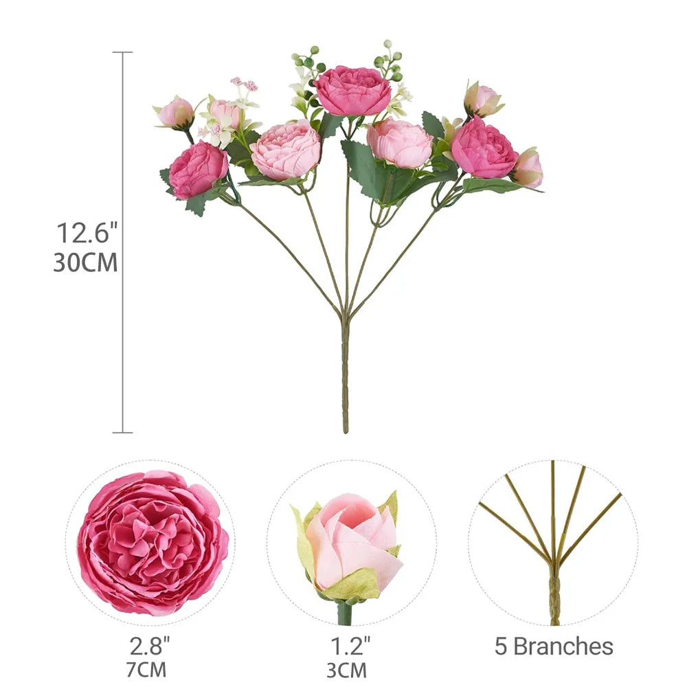 30cm Rose Pink Silk Peony Artificial Flowers Bouquet 5 Big Head and 4 Bud Cheap Fake Flowers for Home Wedding Decoration indoor