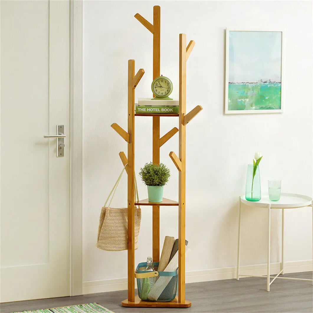 Floor Tree Clothes Coat Hanger Rack Garment Storage Stand with 10 Hanging Hooks and Shelf