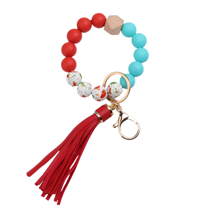 Hemasa Green Christmas Tree Silicone Bead Keychain Red Tassel Bracelet Keyring Accessories Woman Man Bracelet Gifts Bag Pendant