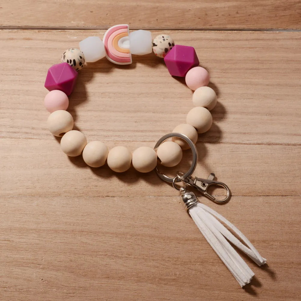 New Fashion Silicone Keychain For Keys Rainbow Color Silicone Beads Tassel Keyrings Women Men Beaded Bracelet Keychain Wholesale