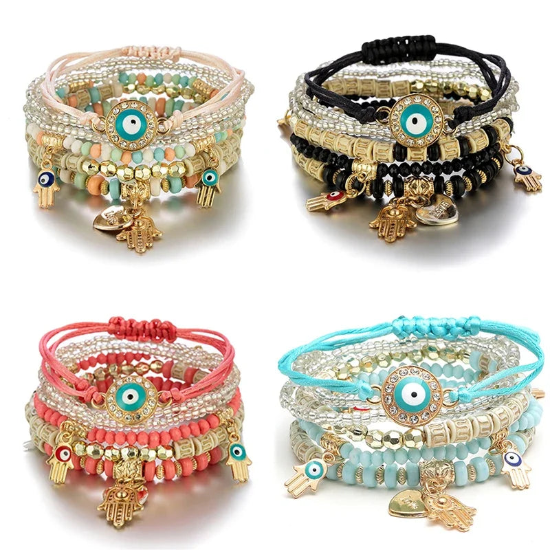 Bohemian Evil Eye Pendant Bracelet Set for Women Crystal Fatima Hand Charm Stone Beads Chain Bangle Female Bohemian Jewelry Gift