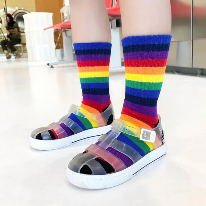 Children Socks Cotton Colourful Stripe Stockings Fashion Rainbow Print  For Girls Boys Crew Ankle Kids Long Socks