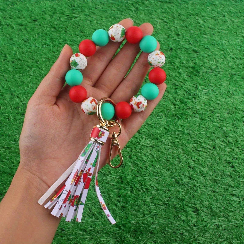 Hemasa Christmas Silicone Bead Bracelet Keychain Ladies Wallet Tassel PU Fringe Creative Beaded Wristband Fashionable Gift Item