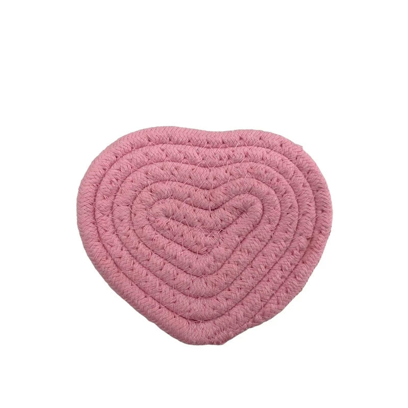 Tejesa  2Pcs Hand-woven Heart-Shaped Coaster Anti-Slip Table Mat /Handmade Cotton Linen Pot Pads