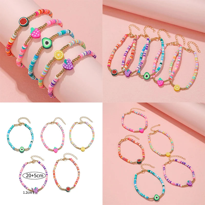Hemasa 5Pcs/set Polymer Clay Fruit Charm Handmade Anklet for Teens Girls Women Bracelet Friendship Party Birthday Jewelry Gifts