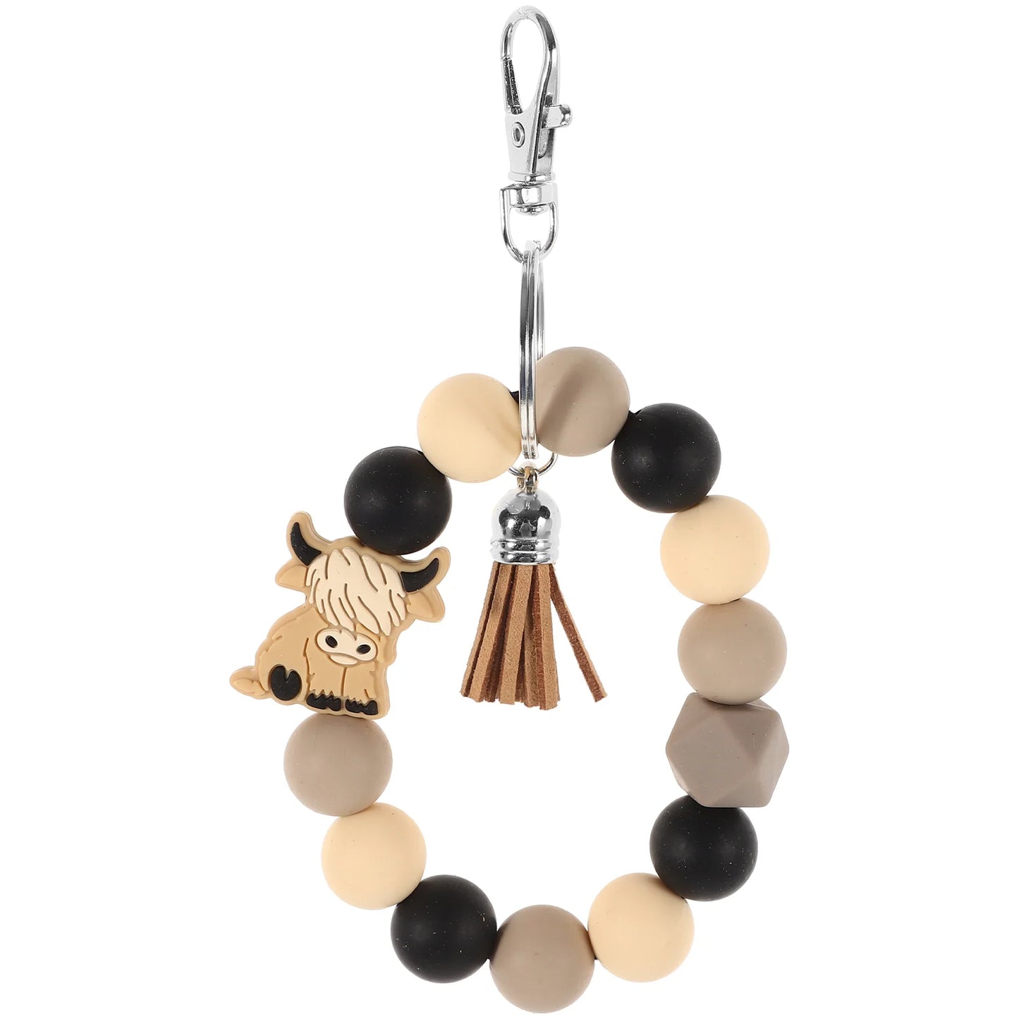 Highland Cow Keychain Silicone Bracelet Beaded Keyring Wristlet Wristbands Multi-function