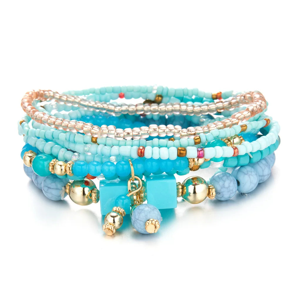 Bohemian Dopamine Colorful Beads Bracelet Set For Women Lady Handmade Elastic Multilayer Bangle Jewelry New Accessories