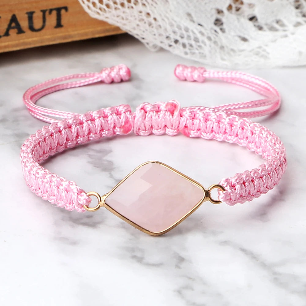 Pink Color Thread Chain Handmade Bracelets For Women Pink Crystal Oval Pendant Natural Stone Bracelets Femme New Fashion Jewelry