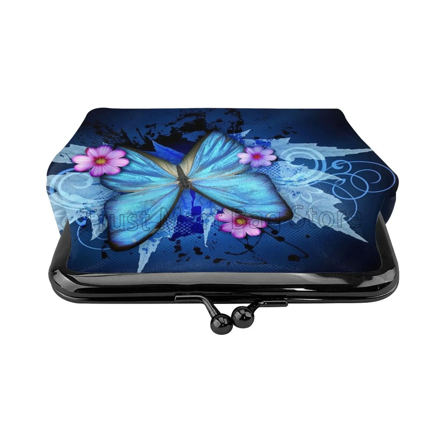 Hemasa Purple Blue Butterfly Mini Leather Coin Purse for Women Girl / Small Change Pouch with Kiss-Lock Clasp Closure Buckle Wallet Gift