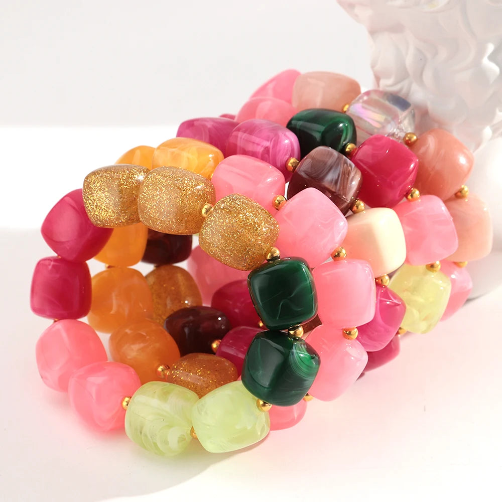 New Multicolor Acrylic Geometric Bead Bracelet for Women Trendy Resin Irregular Square Elastic Bracelets Handmade Jewelry Gift