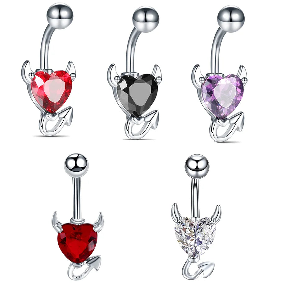 1PC Stainless Steel Heart Belly Button Ring Women Sexy Purple Red Zircon Demon Devil Navel Piercing Dangle Earring Body Jewelry