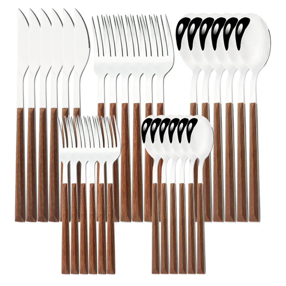 Hemasa 16/24/30Pcs Stainless Steel  Wooden Handle Cutlery Set Dinnerware Clamp Western Tableware Knife Fork Tea Spoon