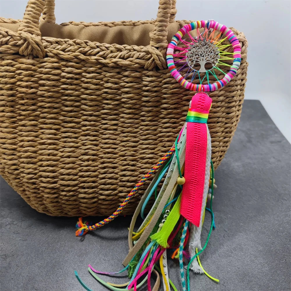Leather Tassel With Colorful Pompons Handbag Accessorise Boho Style Keychains For Women Keyring Jewelry