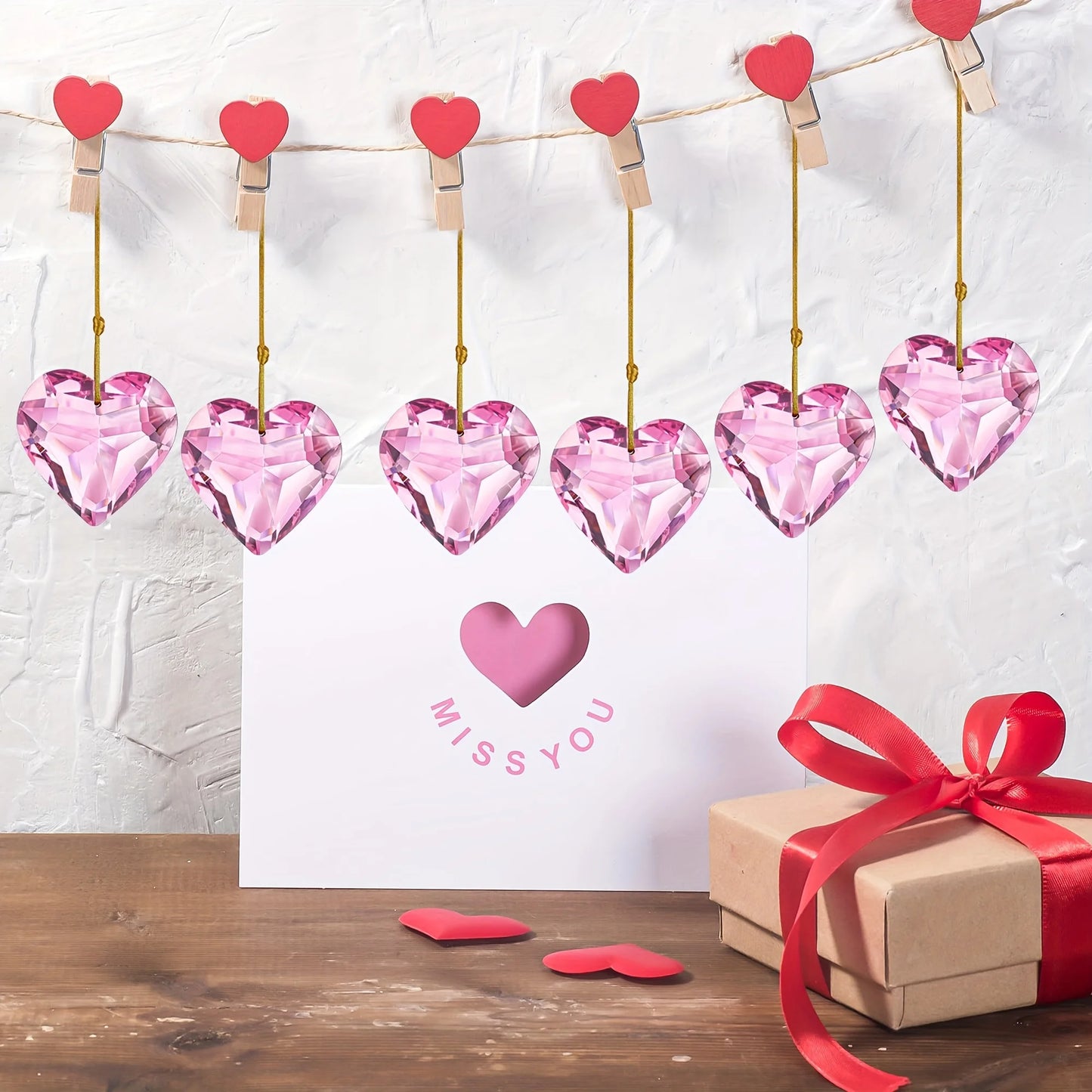 Tejesa 6-piece pink heart-shaped crystal decorations Valentine's Day heart-shaped decorations rainbow hanging crystal ornaments, for wi