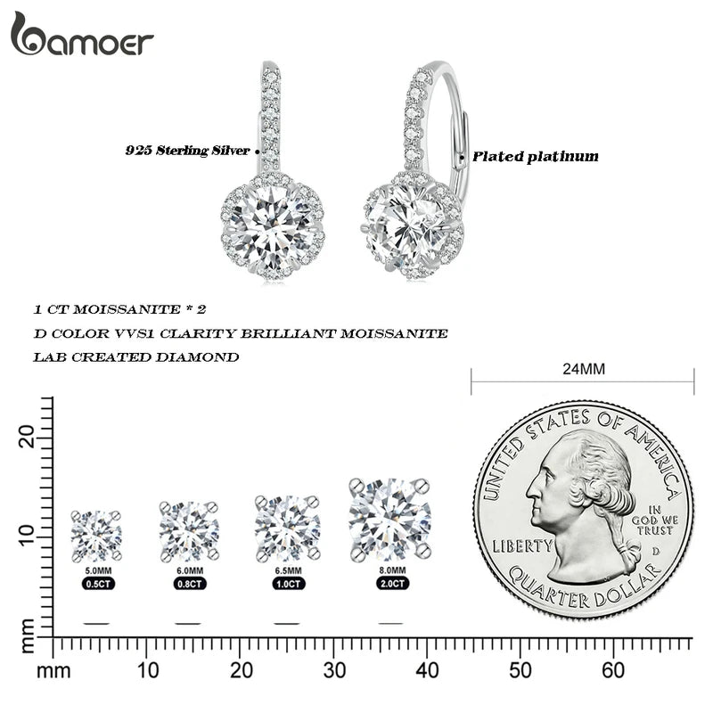Bamoer 1CT Moissanite Ear Buckles 925 Sterling Silver Hoop Earrings for Women D Color VVS1 EX Lab Diamond Wedding Jewelry
