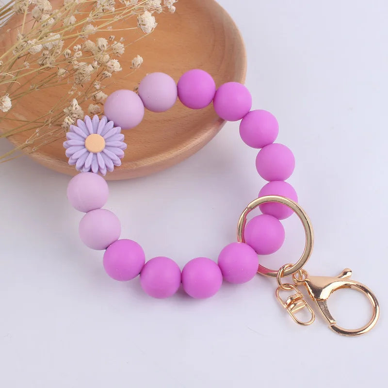 Food Grade Silicone Round Beaded Keychain Fashion Women Wristlet Bracelet Keyring For Anti-Loss Lobster Clasp Keychain Jewelry