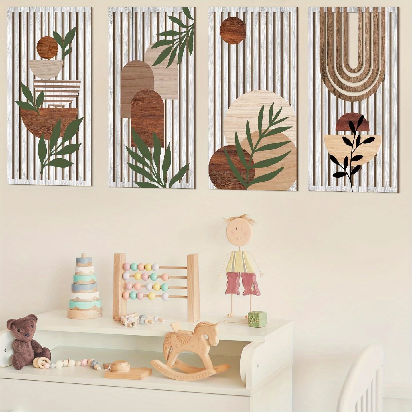 Hemasa 40cmBoho style 4pcs 2D Flat Wooden Wall Art Abstract Geometry Sun Rainbow Pattern Suitable Living Room Bedroom Office Decoration