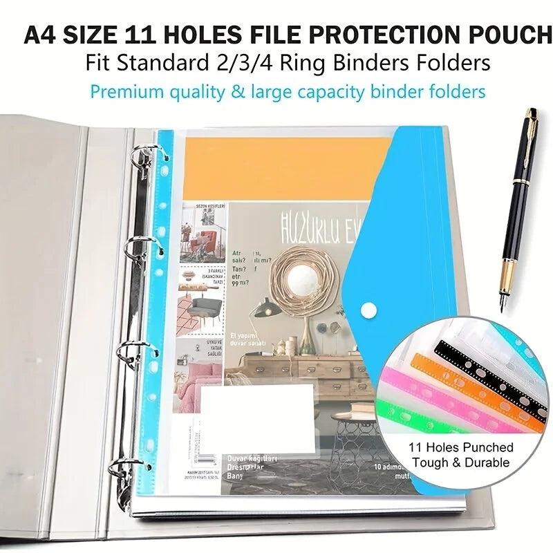 Hemasa 6pcs of 6 color 11-hole horizontal file bag, file folder expansion bag is 2/3/4 ring file bag, A4 snap button file bag
