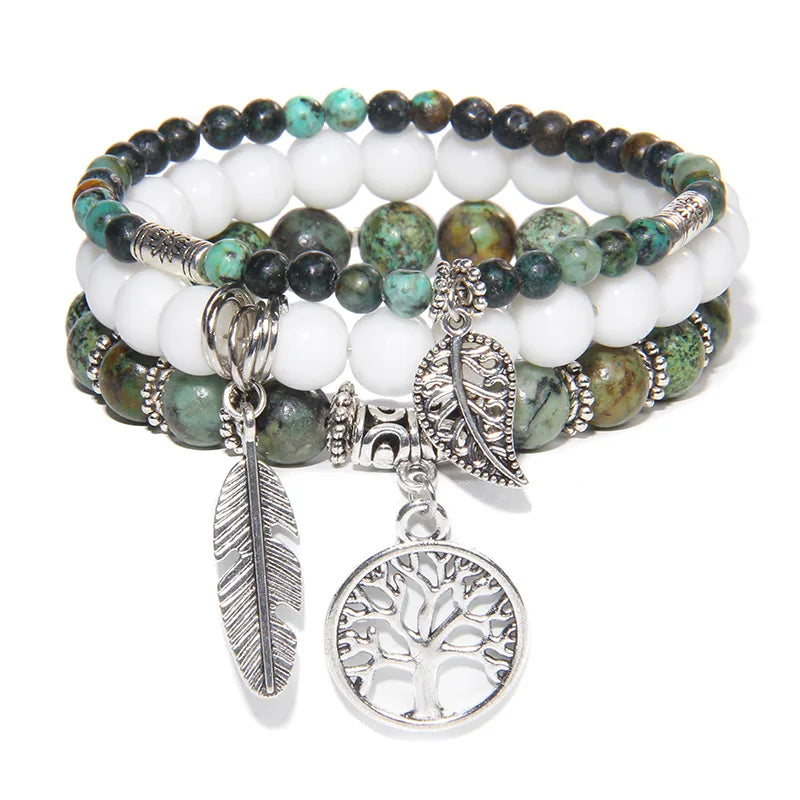 3Pcs Fashion Natural Stone Beads Bracelet 8mm Beads Tree of Life Pendant Bracelet Men Women Beaded Charm Bracelets Jewelry
