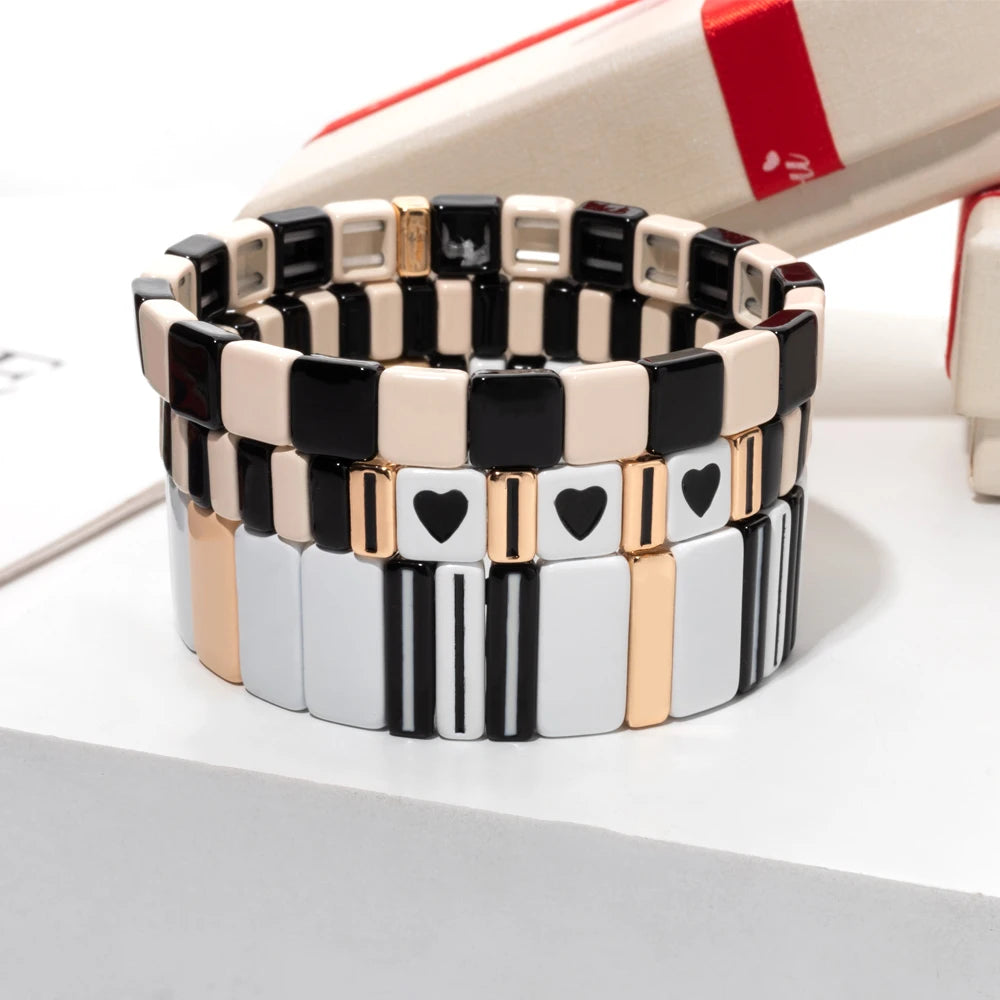 Hemasa Enamel Tile Women Bracelet Set Drip Oil Black&White Series Elastic Heart Bangle