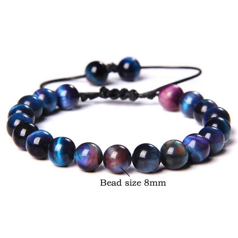 Hemasa Cool Royal Blue Tiger Eye Bracelets Natural Stone Tiger Eye Beaded Bracelets Pulsera Hombre Men Adjustable Woven Rope Bracelets