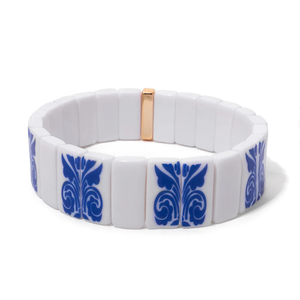 8x16mm Plastc Chinese Blue and White Porcelain Texture Beaded Bracelets For Women Handmade Spring Hand Accessory
