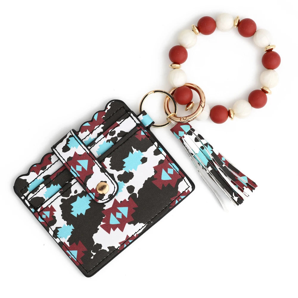 Hemasa Silicone Bead Bracelet  Leather Card Bag Wristlet Keychain Silicone Beaded Bracelet Leather Tassel Wallet Bangle