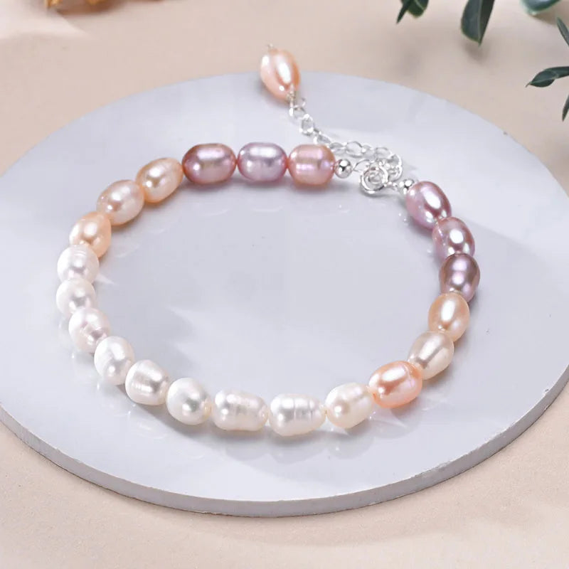 Hemasa 6-7mm Rice Shape Freshwater Pink Purple Mixed Color Bracelet /925 Sterling Silver  Jewelry Gift for Women Girls