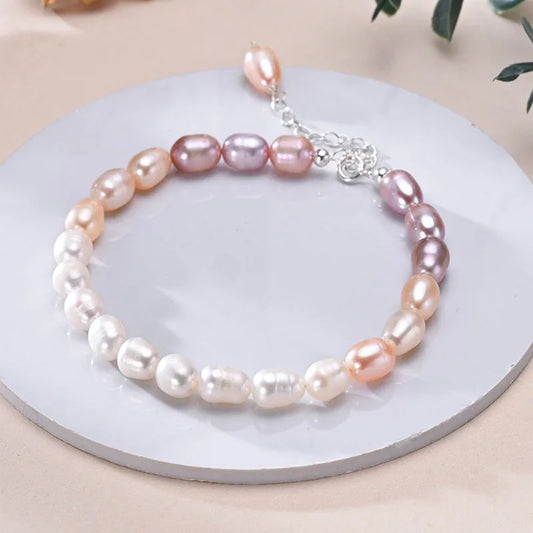 Hemasa 6-7mm Rice Shape Freshwater Pink Purple Mixed Color Bracelet /925 Sterling Silver  Jewelry Gift for Women Girls