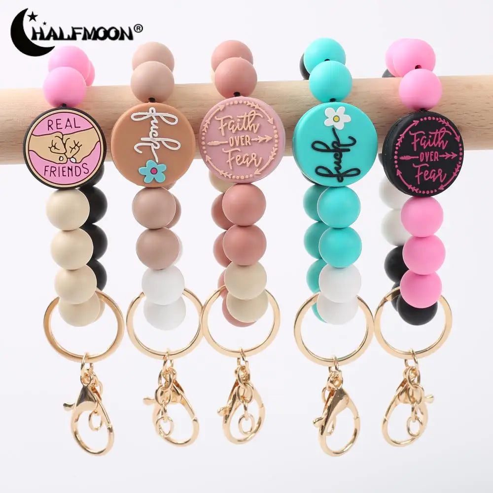Fashion Bracelet Keychain Colorful Silicone Beaded Keyring Women Girl Car Bag Key Accessory Pendant Valentine's Day Jewelry Gift