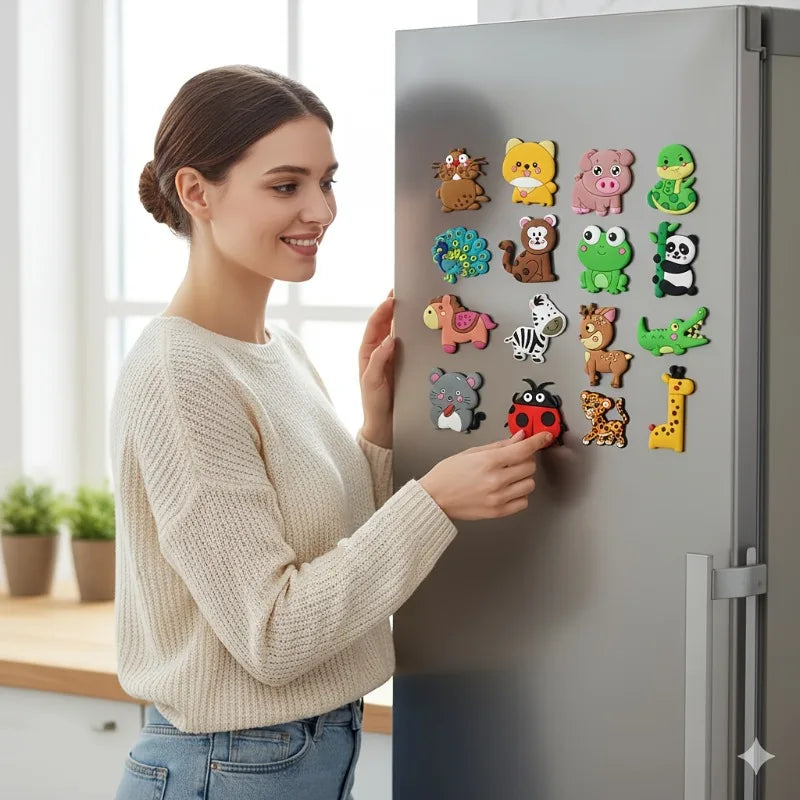 Tejesa 12pcs Cute Animal Fridge Magnets Set with Elephant, Giraffe,Cow, Sheep,Koala,Panda,Frog and so on - Soft Colorful Plastic Decor