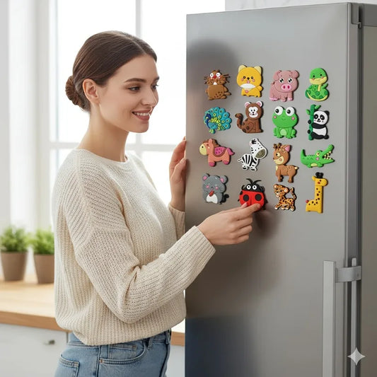 Tejesa 12pcs Cute Animal Fridge Magnets Set with Elephant, Giraffe,Cow, Sheep,Koala,Panda,Frog and so on - Soft Colorful Plastic Decor