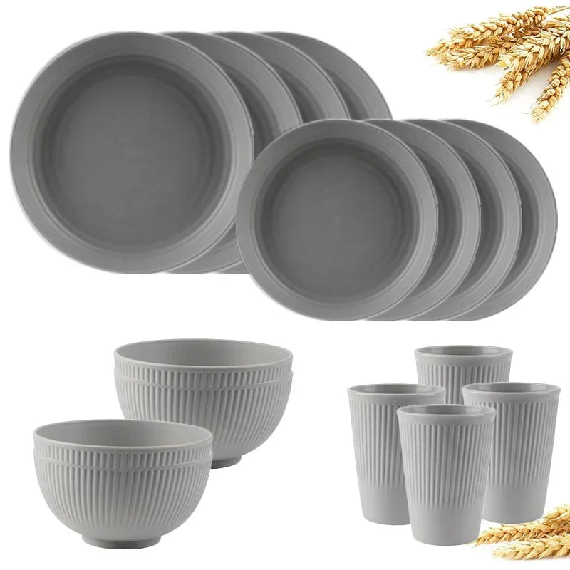4/16Pcs Wheat Straw Ramen Bowl Tableware Dishes Full Tableware Of Plates Bowl Dinner Dishes Set Camping Tableware Dishes Set