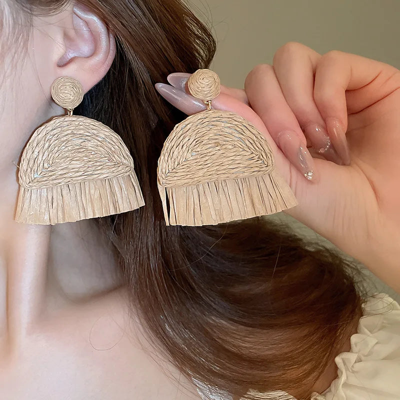 Hemasa Bohemian Straw Woven Water Drop Geometric Earrings for Women Fashion Vintage Holiday Jewelry