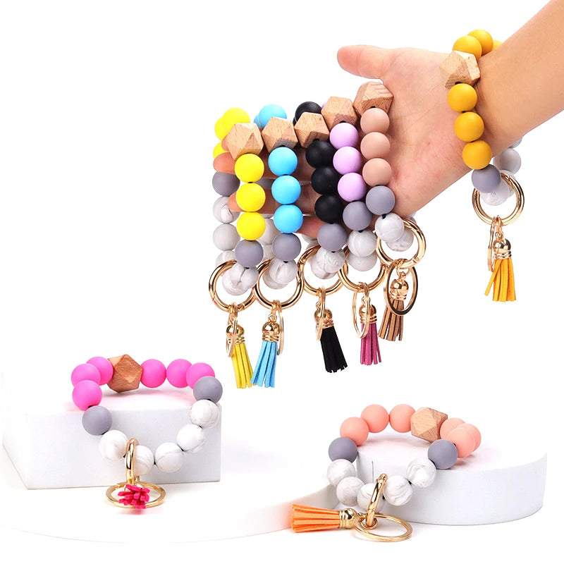 New Anti-Loss Women Wristlet Bracelet Keychain Silicone Round Beaded Keyring For Lobster Clasp Keychain Jewelry Bracelet
