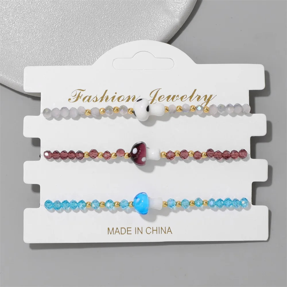 Tejesa 3pcs Handmade Crystal Glass Beads Bracelet Cute Mushroom Charm Bracelets for Women Girls Lucky Fashion Set Jewelry Gift 3x4mm