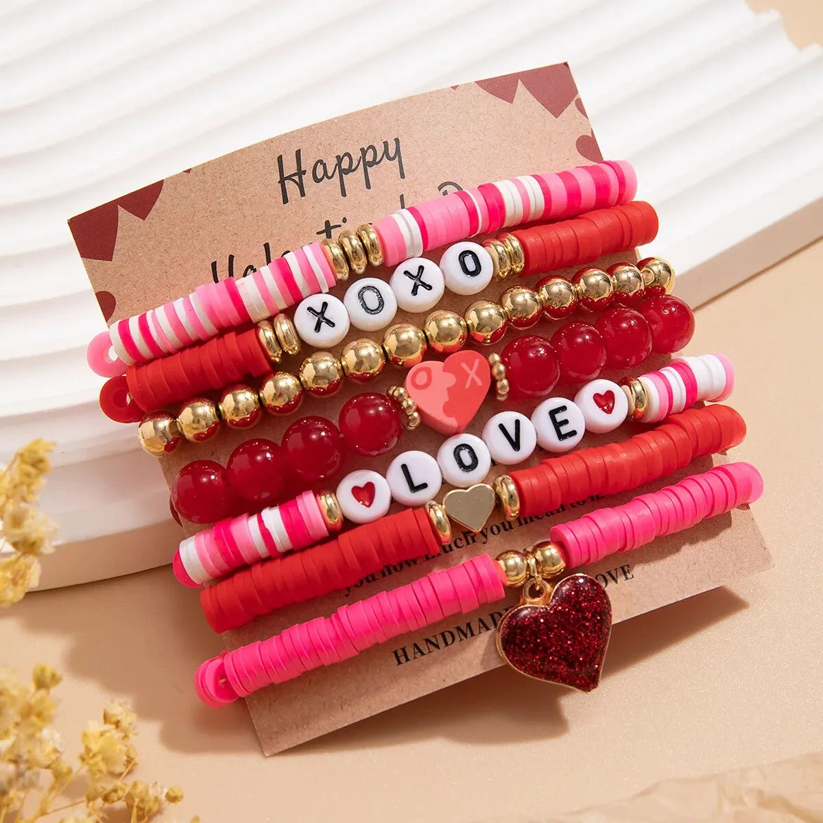 7Pcs/Set Romantic Love Heart Pendant Bracelets for Women Cute Trendy Pink Beaded Couples Bangles Valentine's Day Jewelry Gifts
