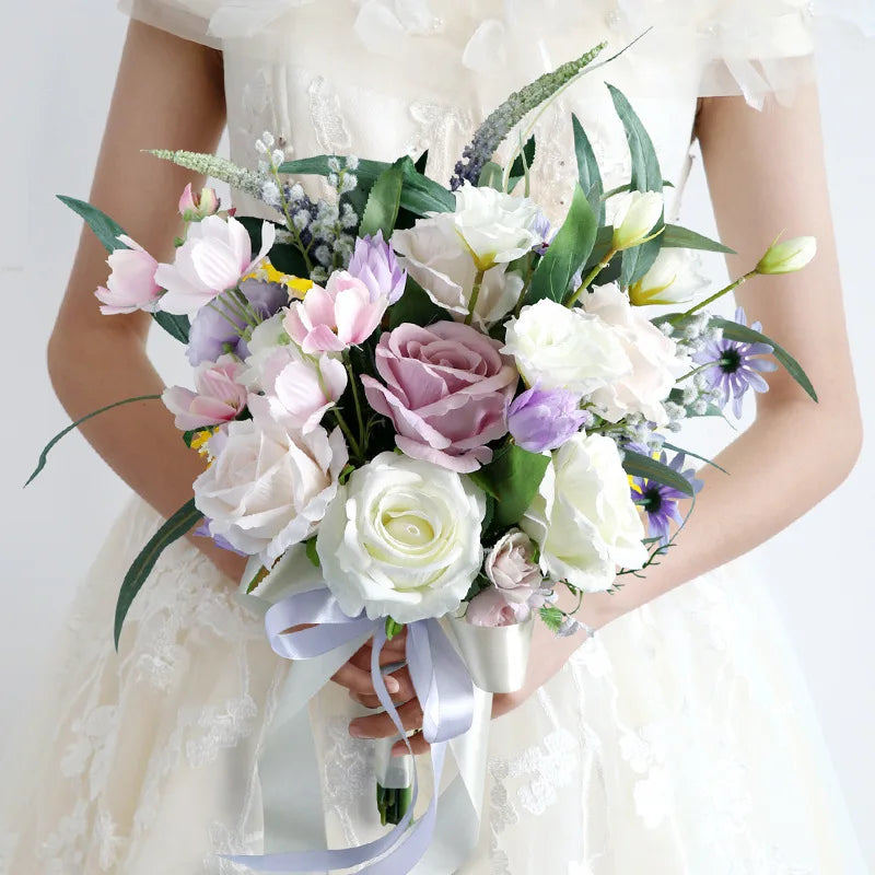 Tejesa  white Colour Handmade Artificial  Flowers  Wedding Bouquet for Bride / Bridal Bouquet for Boho Wedding Ceremony Decor